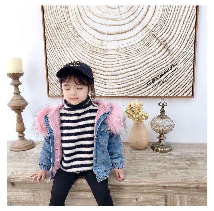 Nuovi vestiti autunnali e invernali per bambine, cappotto spesso in denim e velluto, stile coreano, cappotto in cotone con ampio collo di pelliccia per bambini_voghion.com