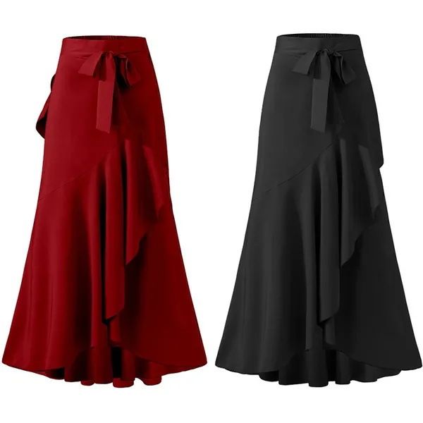 Women's Clothing plaid mermaid skirt ruffled irregular hem high waist casual umbrella wrap long skirt_voghion.com