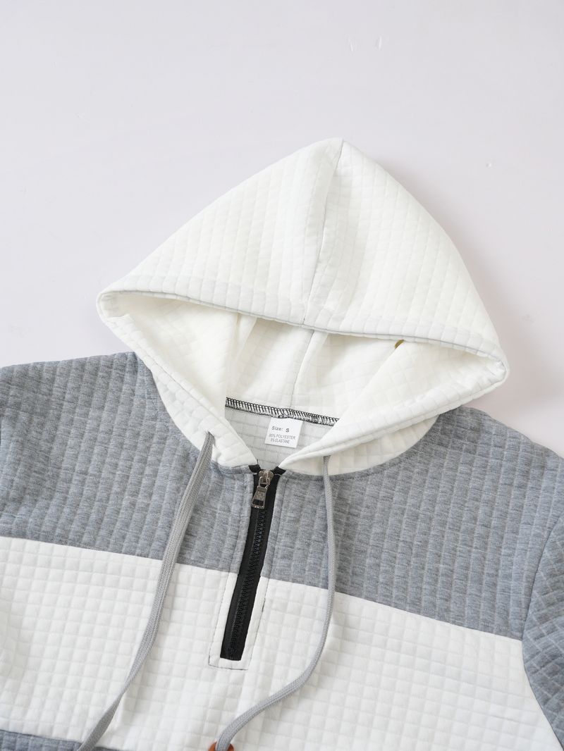 Felpa con cappuccio a quadri da uomo – Felpa casual a maniche lunghe con cerniera (S-XXXL, design a blocchi di colore)_voghion.com