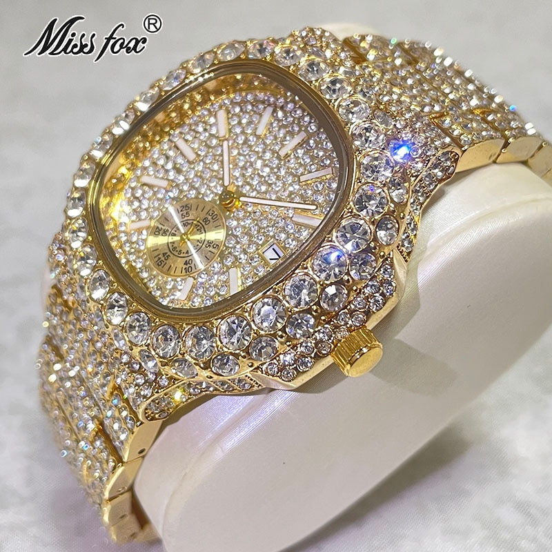 Hip Hop Marke MISSFOX Mode Iced Out Uhren Männer Voller Diamanten Gold Automatische Datum Uhr Stahl Wasserdichte Uhr Männlich_voghion.com