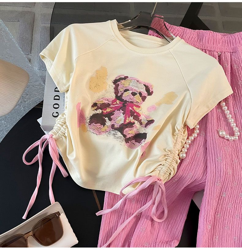 Women's New Short-sleeved Simple Wide-leg Pants Suit Summer Pink Temperament Leisure Medium And Long Fashion Two-piece Suit_voghion.com