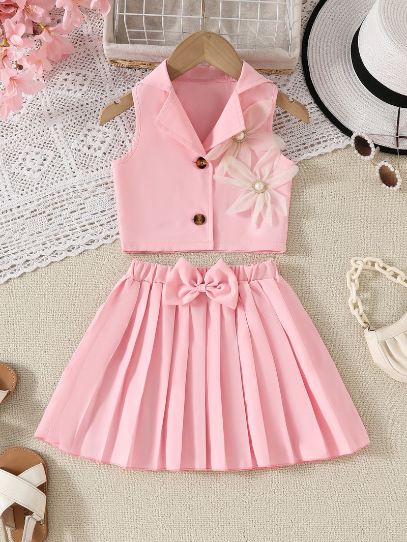 Kinderkleidung Sommer Neuer Stil Mädchen Dreidimensionales Blumen-Oberteil mit Faltenrock Zweiteiliger Anzug für Kinderkleidung_voghion.com