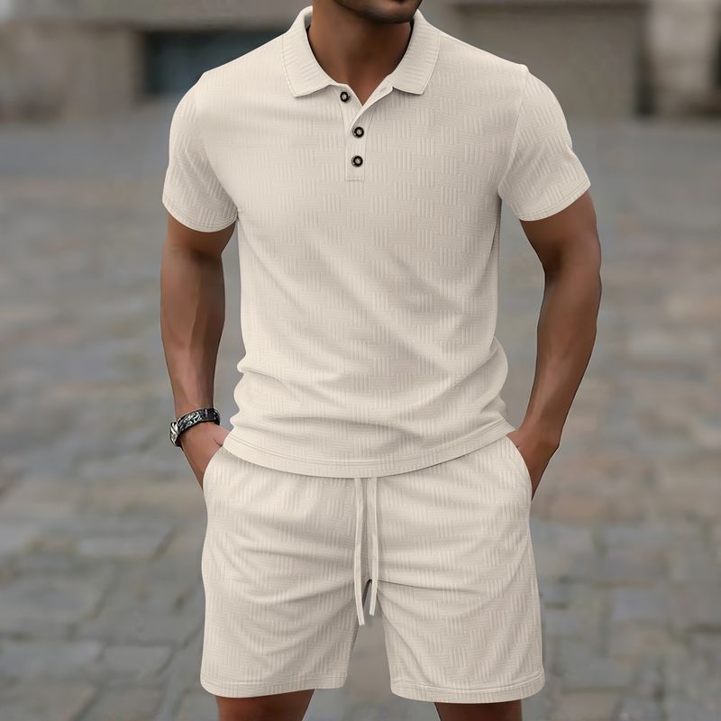 2025 Summer New Casual Men's Solid Color Jacquard Lapel Button Short Sleeve Shorts Set_voghion.com