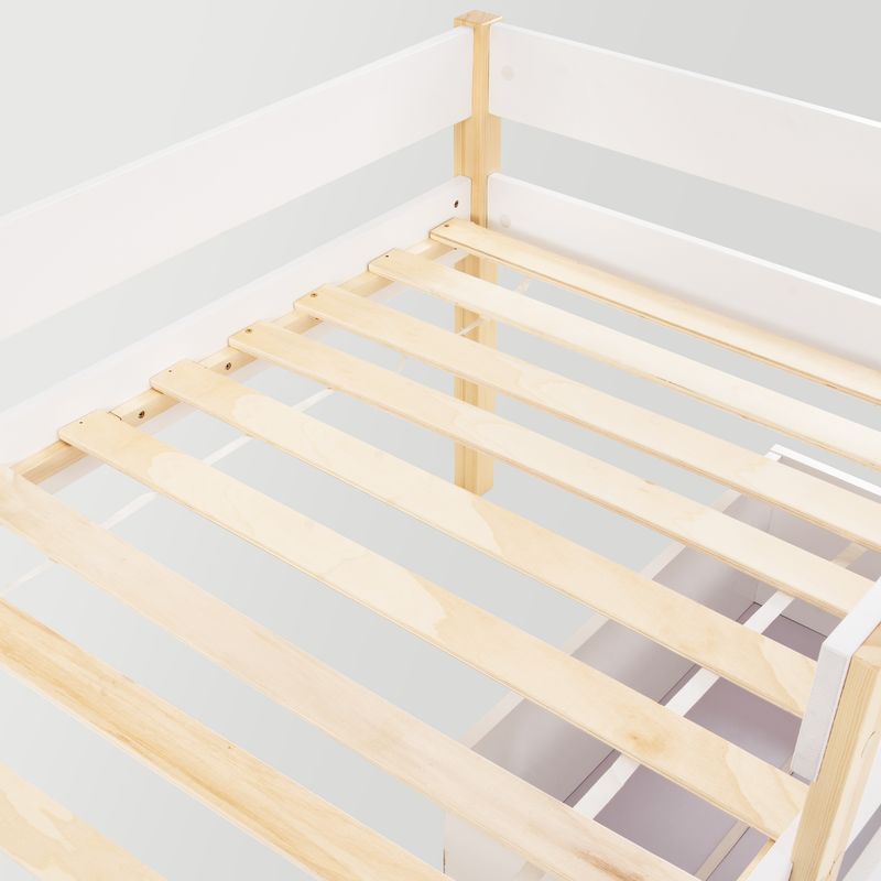 Lit enfant avec tiroir et barrières de sécurité, pin massif 90 x 190 cm, blanc et chêne_voghion.com