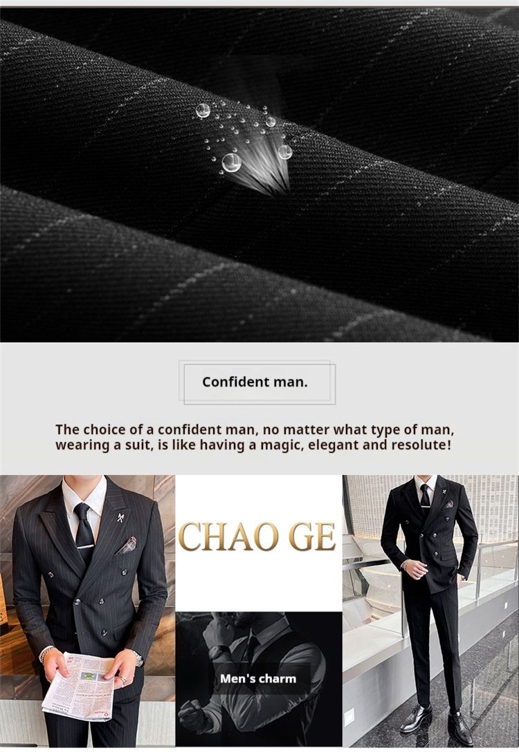 2024 Nuovo tre pezzi casual con colletto con fibbia, abito nero a righe coreano, completo da uomo slim fit_voghion.com