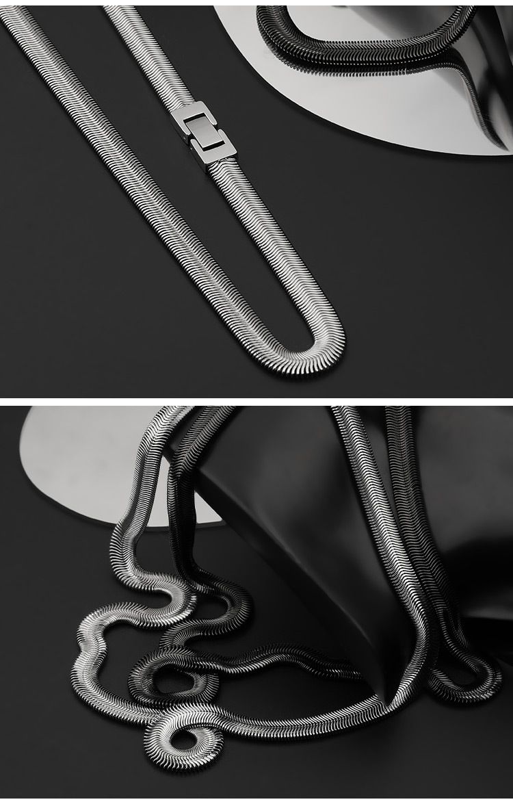 Men And Women's Jewelry 8MM Flat Snake Bone Chain Hip Hop Titanium Steel Necklace For Couples, Customizable Short Collarbone Chain_voghion.com