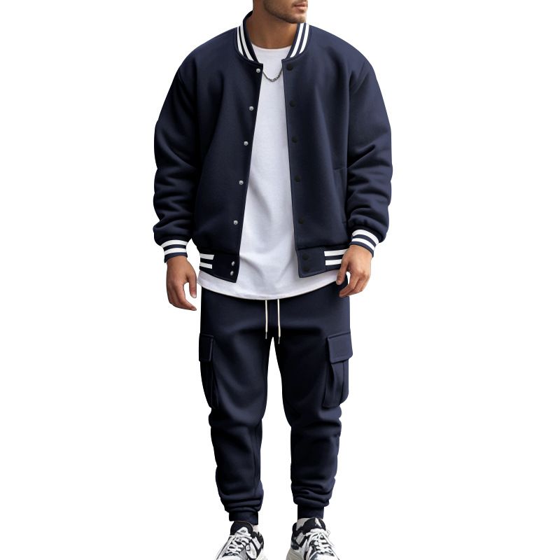 Autumn Winter American Style Stand Collar Baseball Jacket With Fleece Lined Pants Loose Fit Men's Sports Suit_voghion.com