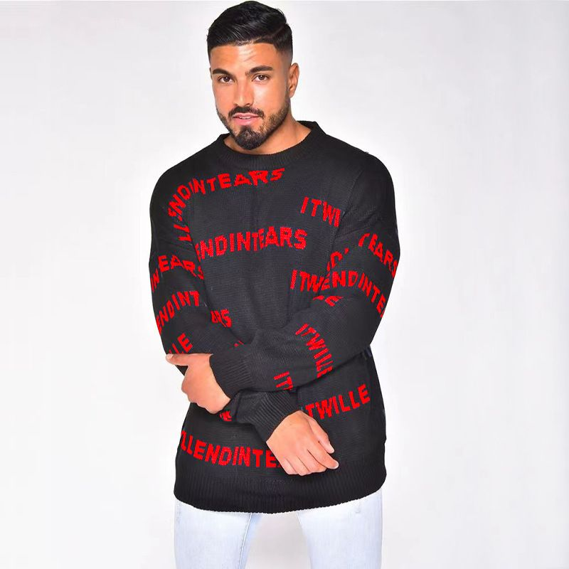 Men's Knit Letter American High Street Leisure Round Neck Loose Soft Waffle Pullover Top Men_voghion.com