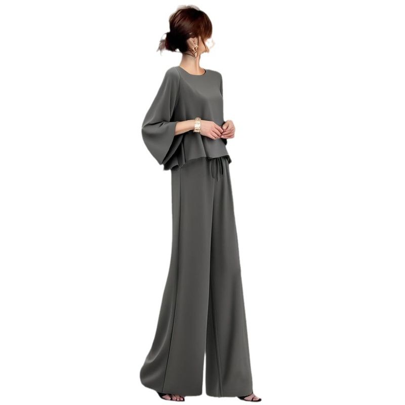 In Stock Japanese Style 2024 Autumn New Round Neck Long Sleeve Top And Flared Pants Two-Piece Set_voghion.com