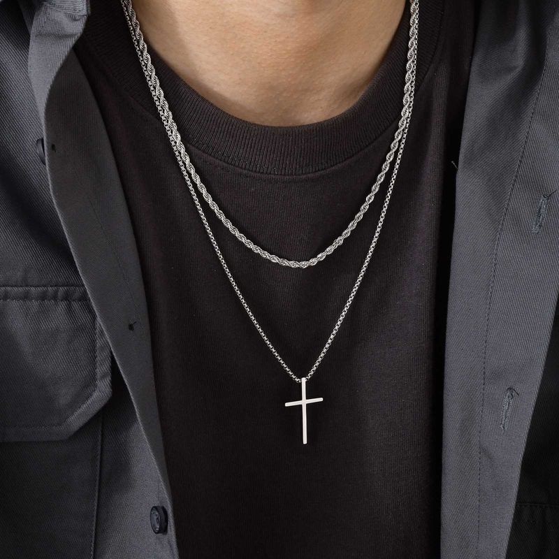 Collane da uomo Vnox, ciondolo a croce semplice a strati in acciaio inossidabile, collana con catena a scatola di corda, semplice collare con preghiera di Gesù_voghion.com