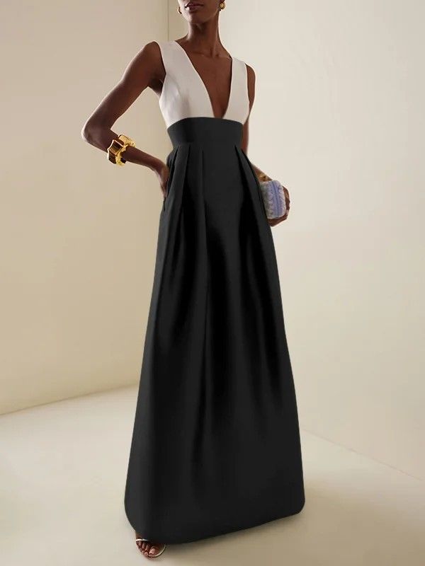 2025 Sommer Neue Damen Sexy Slim Fit Patchwork Tiefes V-Ausschnitt Split Abend Party Kleid_voghion.com