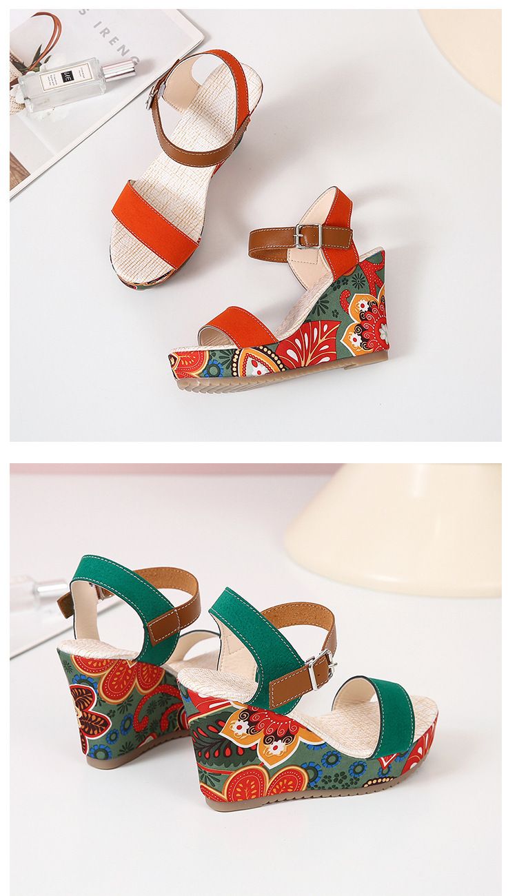 2025 New Large Shoes, High Sandals, Slope Heels, Embroidered One Word Buckle With Open Toe Thick Bottom, Women's_voghion.com