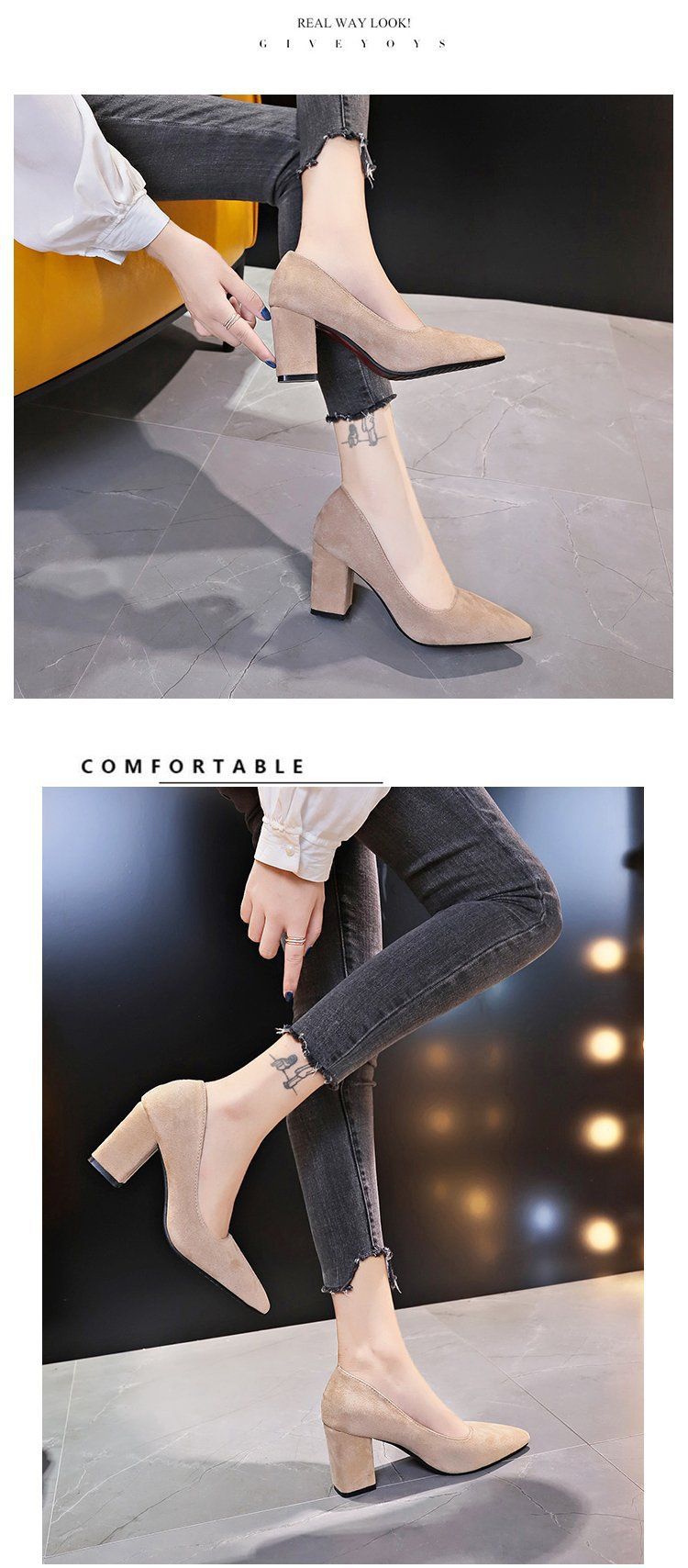 Zapatos de mujer de tacón alto de gamuza de gran tamaño, con tacón grueso, boca poco profunda y puntiagudos, de moda_voghion.com