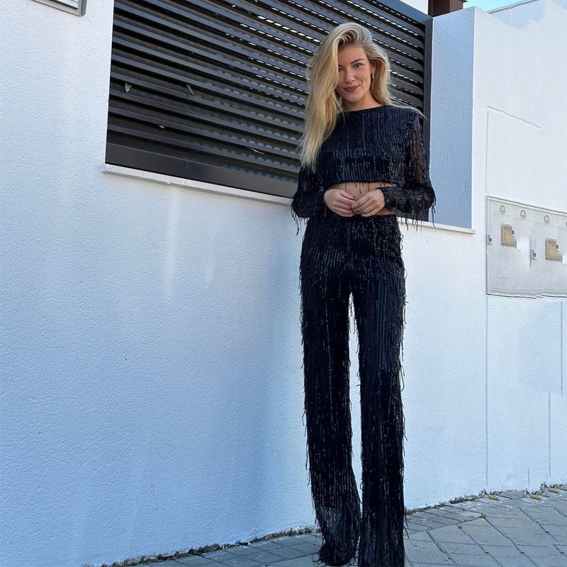 Costum de primăvară pentru femei, cu guler rotund, mânecă lungă, scurt, pantaloni, costum de două piese, tricou casual cu paiete și ciucuri_voghion.com