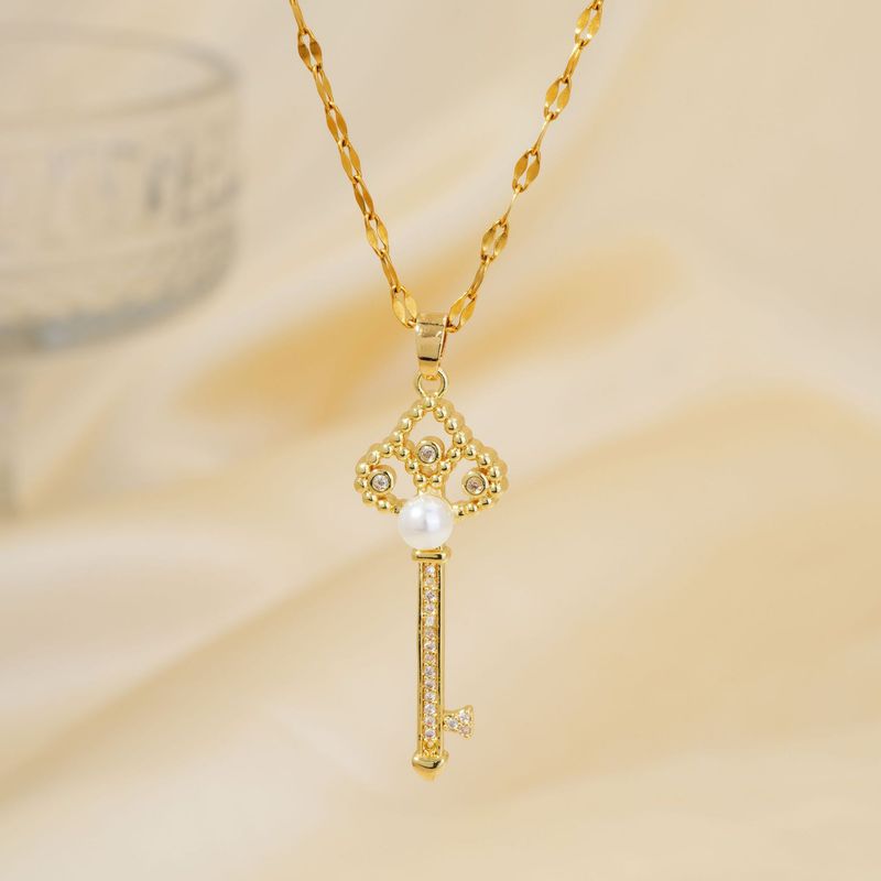 MOXI Copper Inlaid Zirconium Key Pendant Necklace – High-End Fashion Jewelry For Women, Versatile DIY Accessory_voghion.com