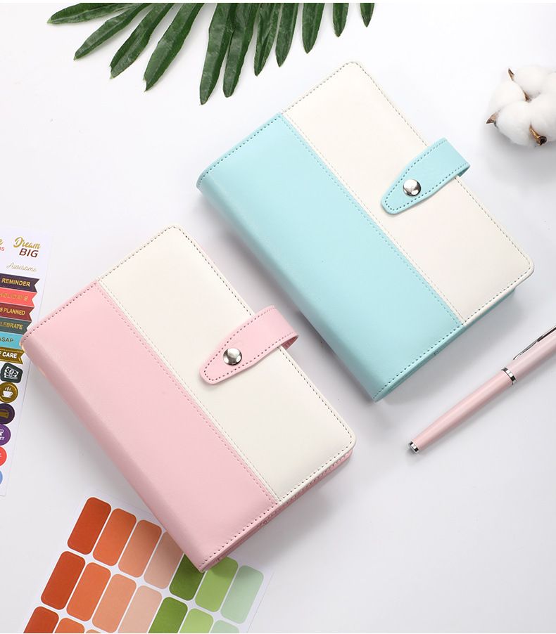 Pasta A6 de couro sintético premium com bolso com zíper - Caderno recarregável na cor Macaron para orçamento, registro em diário e anotações_voghion.com