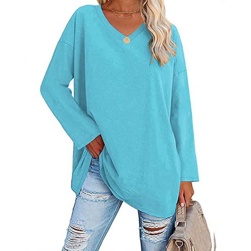 Camiseta extra grande, nova, solta, ombro caído, decote em V, cor sólida, top feminino, manga comprida_voghion.com