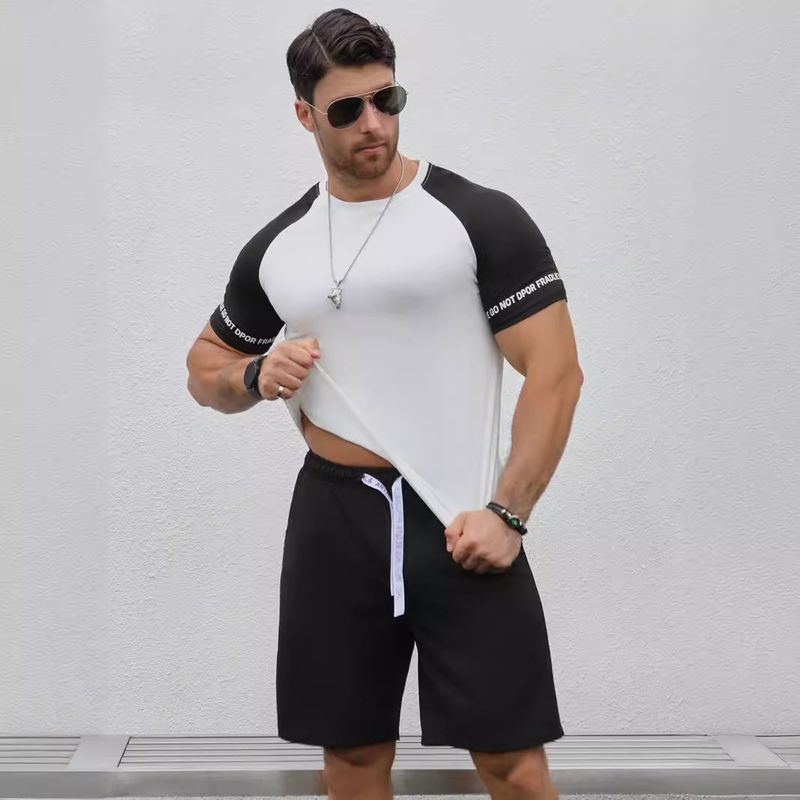 Short Sleeved T-Shirt And Shorts Two-Piece Set, Elastic Color Men's Raglan Sleeve Set_voghion.com