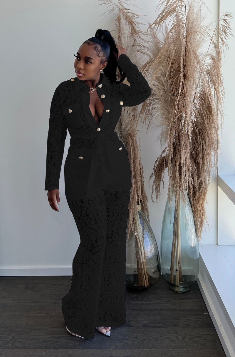 Women's Autumn Fashion Hook Lapel Long Sleeve Pants Suit_voghion.com
