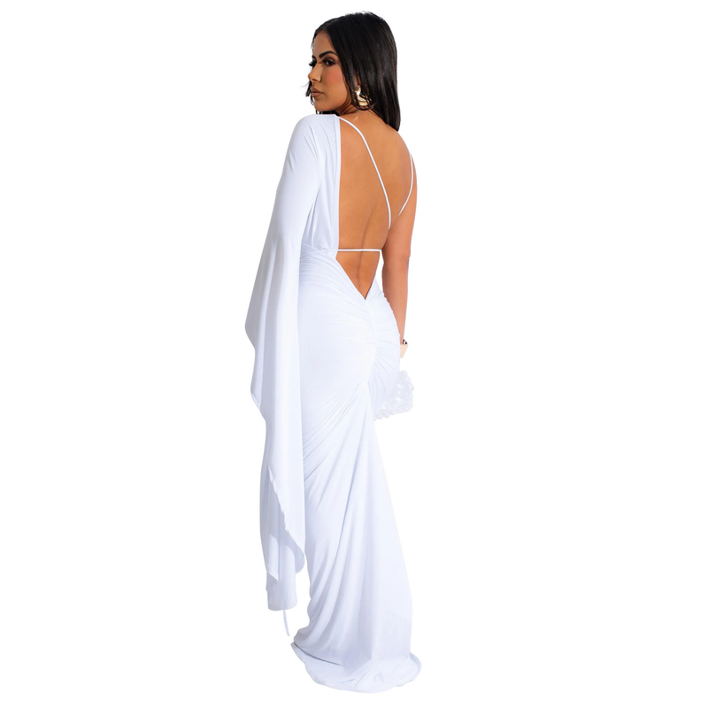 Abito da donna con gonna lunga senza schienale in tinta unita con maniche a spalla singola_voghion.com