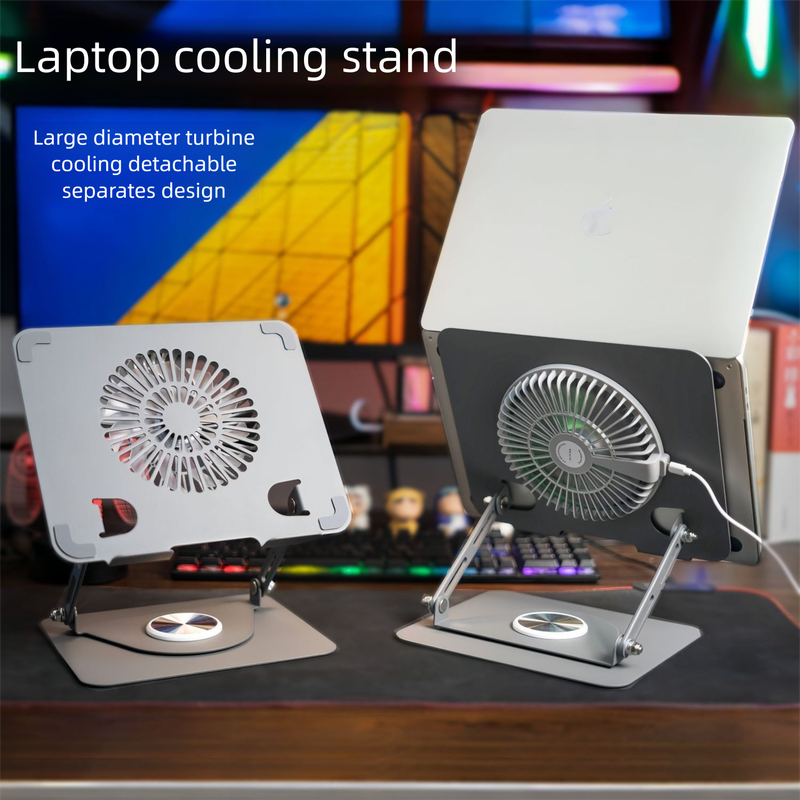 Soporte para portátil ajustable y giratorio de 360° con ventilador RGB desmontable y soporte de refrigeración integrado._voghion.com