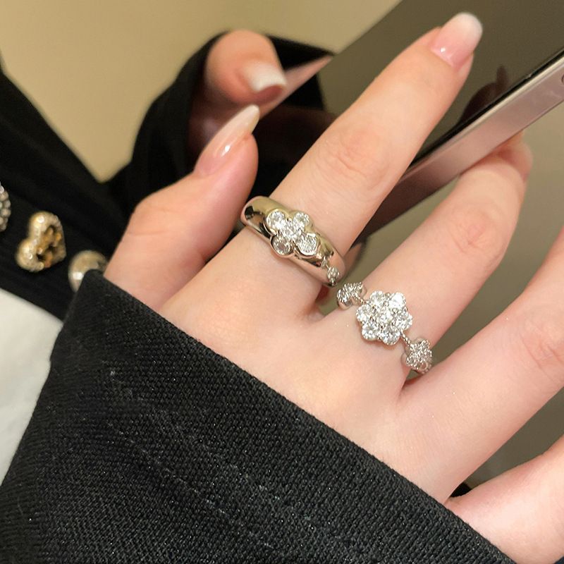 Retro Zircon Flower Opening Ring For Women Niche Simple Light Luxury Index Finger Ring Fashionable Temperament High-end Feel Hand Jewelry For Women_voghion.com