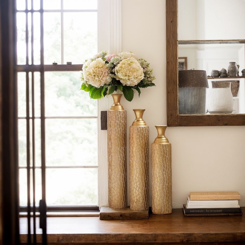 Metal Decorative Vases High Distress Metal Center Vases With Growing Vine Patterns, Set Of 3 Vases For Home Decoration 34 ", 29 ", 25 "H, Gold_voghion.com