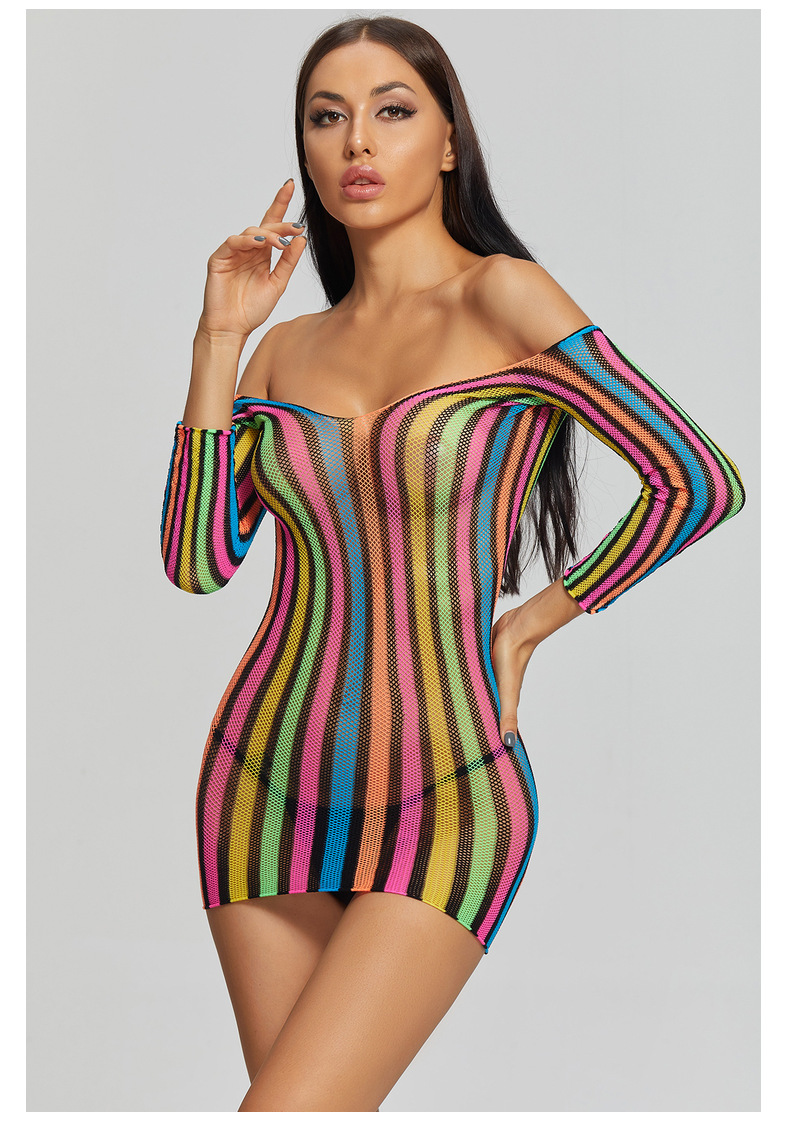 Yuedie Dessous Siebenfarbig Langarm Bodycon Einteiler Mesh Uniform Versuchung Sexy Kurzes Kleid 8919_voghion.com
