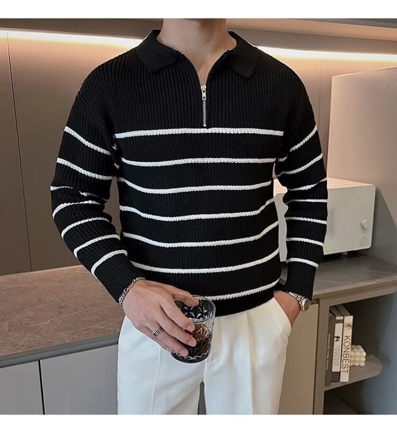 Maglione lavorato a maglia da uomo alla moda – Pullover a righe con mezza zip e vestibilità comoda (M-3XL, nero/blu navy)_voghion.com