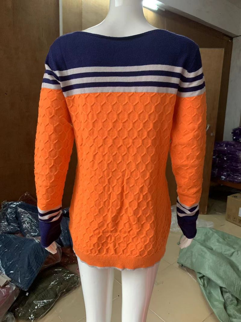 Cross-border autumn and winter new women's crocheted elegant commuter top European and American long-sleeved knitted striped color matching round neck_voghion.com