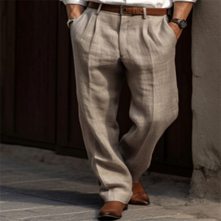 Herrenbekleidung Herren Leinenhose doppelt gefaltete Vordertasche gerader Zylinder einfarbig bequem atmungsaktiv lässig Alltagsmode_voghion.com