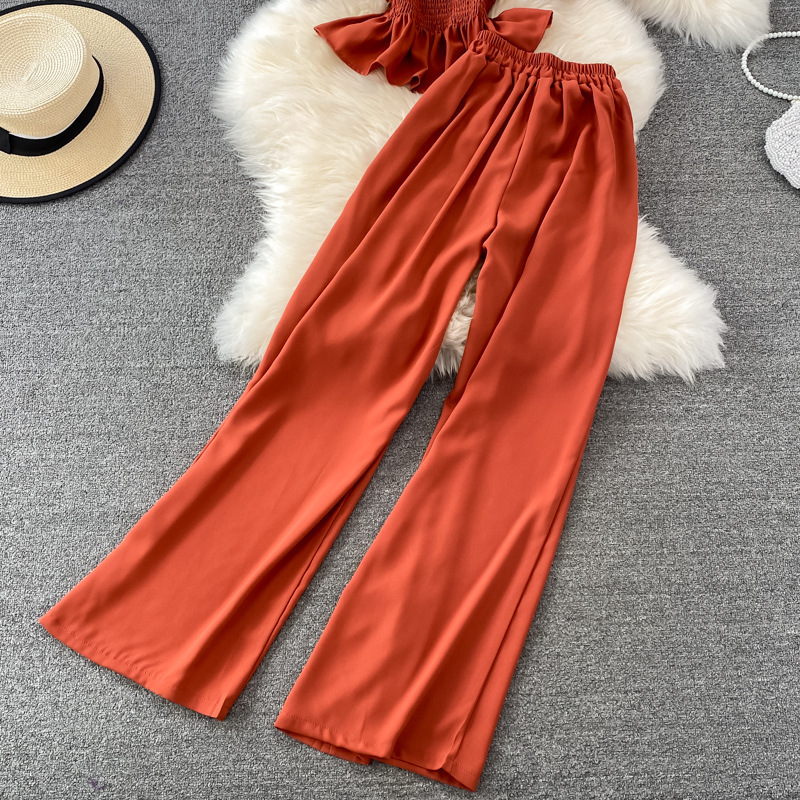 Pantalon décontracté pour femmes, taille haute, drapé, jambes larges, ensemble deux pièces, col carré, chemise courte et slim_voghion.com