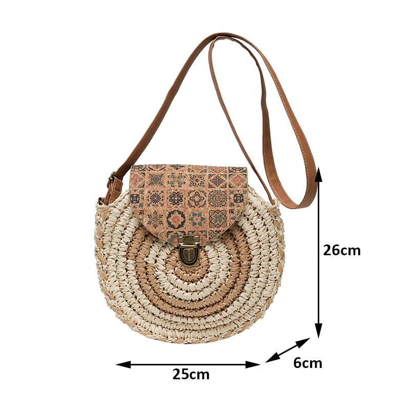 Runde Stroh Strandtasche Vintage handgefertigt gewebt Schultertaschen Bast Kreis Rattan Bohemian Sommer Urlaub Diagonal Pack_voghion.com