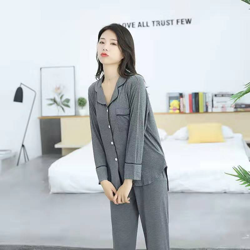 Damenbekleidung Neue Frühjahrs- und Herbstpyjamas für Damen Modal Revershose mit langen Ärmeln zweiteiliges Set lockere und bequeme Paar-Heimkleidung_voghion.com