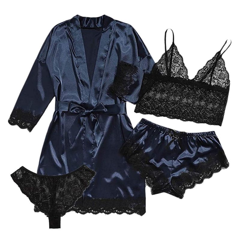 Women's Silk-Like Sleepwear Set – 4-Piece Loungewear Robe & Camisole (S-XXL) – Elegant Home & Outdoor Wear_voghion.com