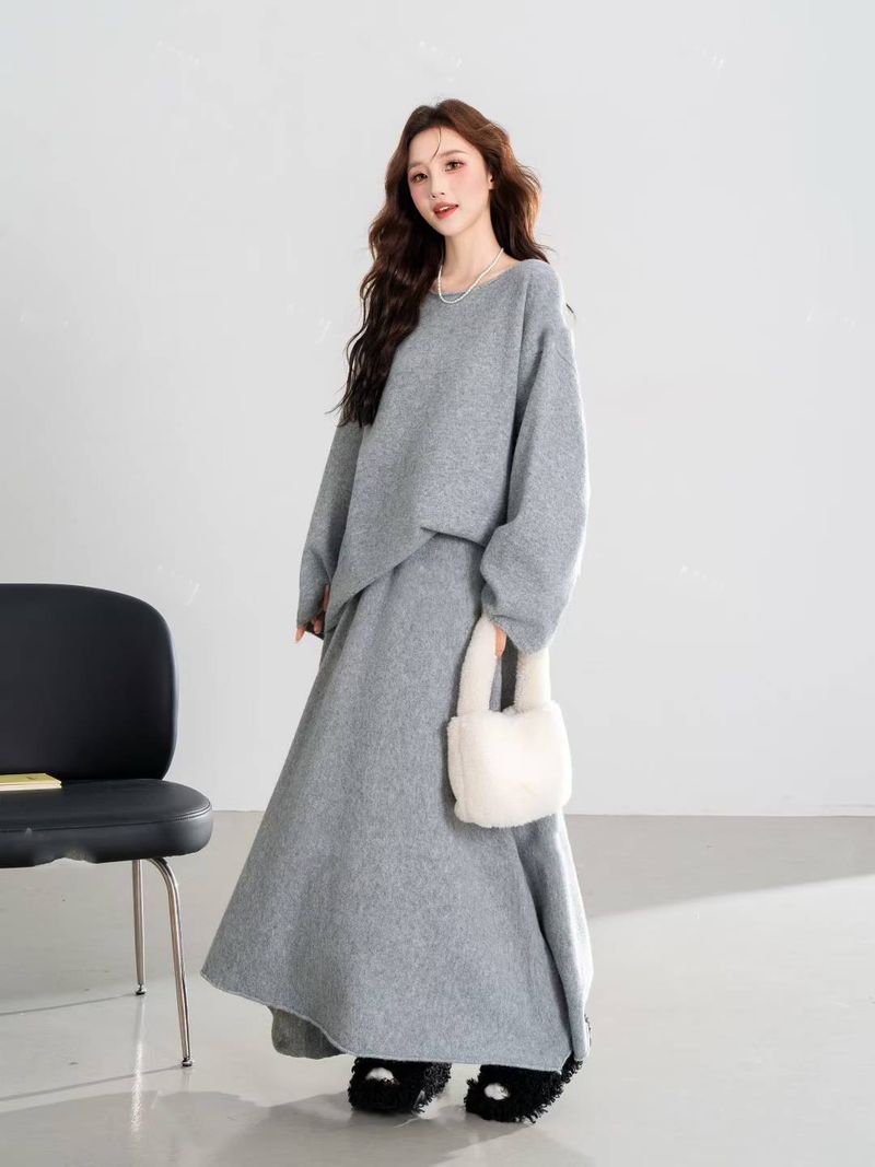 2025 Autumn Winter New Solid Color Pullover + Knitted Half Skirt Two-Piece Soft And Cozy Elegant Sweater Set For Women_voghion.com