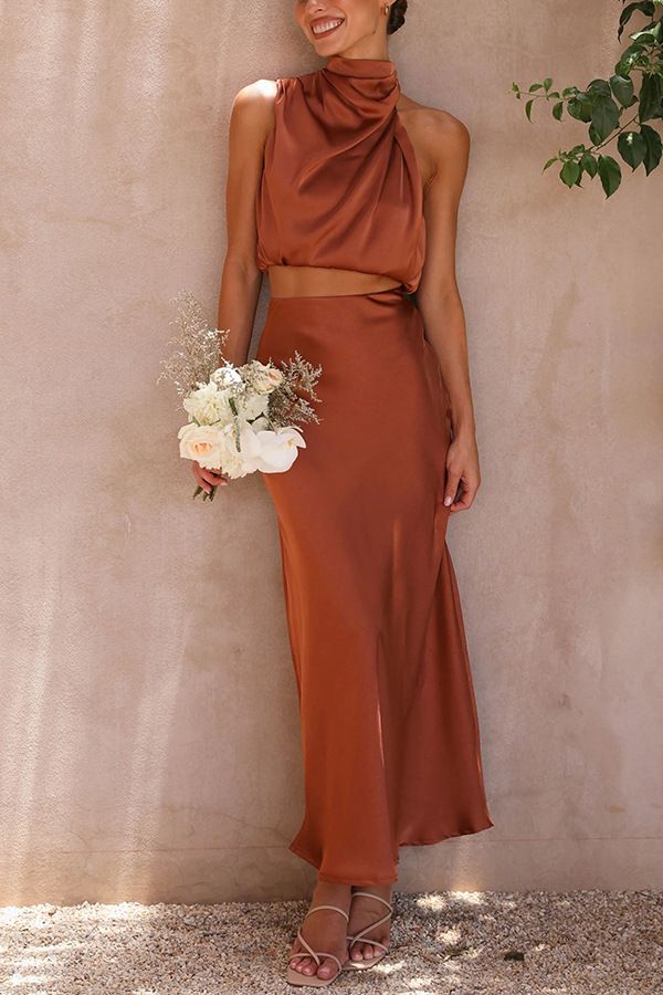 Traje de dos piezas informal ajustado multicolor de satén para mujer, primavera y verano_voghion.com