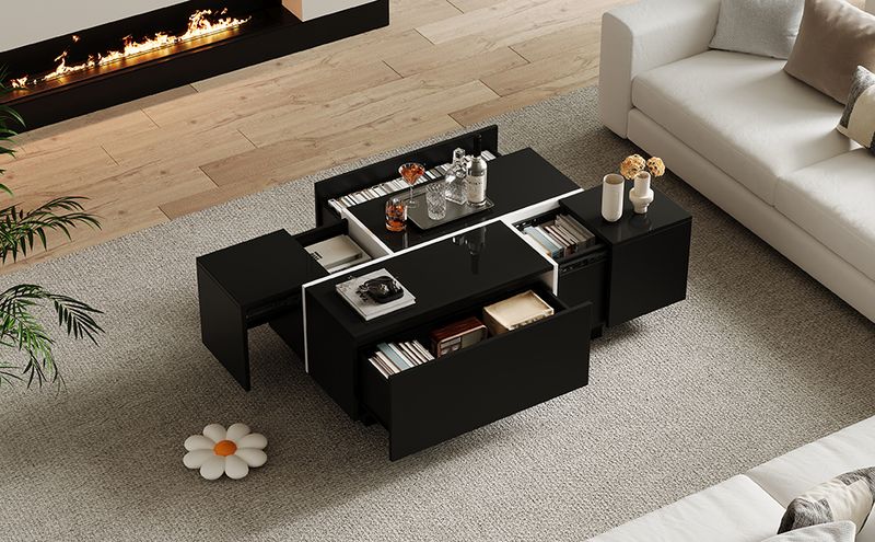 Table basse carrée noire moderne 100 x 60 x 40 cm, finition patchwork brillante, 4 tiroirs et plateau coulissant, supporte jusqu'à 30 kg._voghion.com