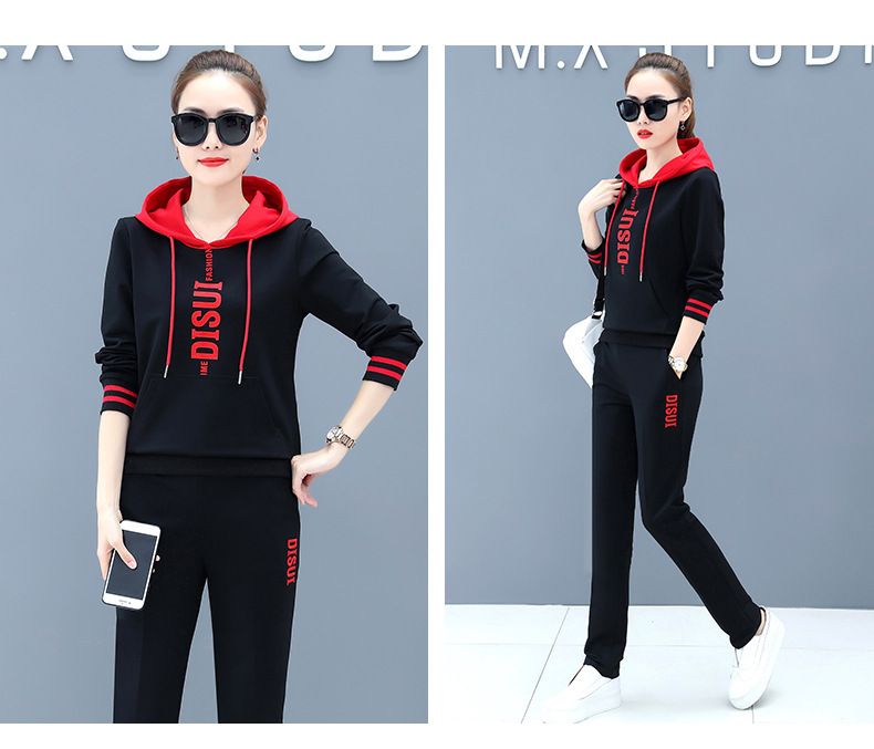 Conjunto feminino oversized com moletom e calça jogger – Poliéster leve, roupa de descanso estampada (M-3XL, Preto/Vermelho/Marrom)_voghion.com