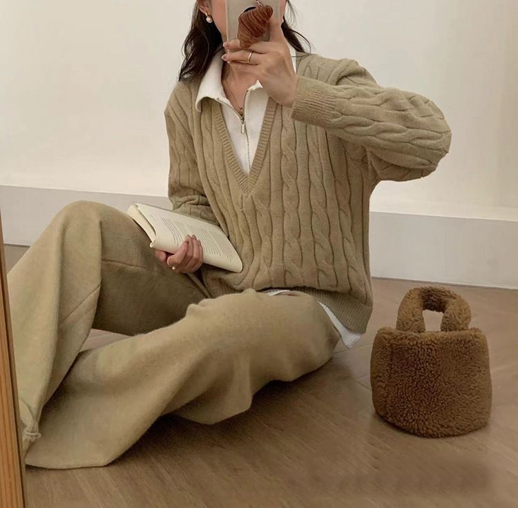 Abbigliamento da donna Set polo in maglia da donna - Top in maglia a trecce e pantaloni a gamba larga, due pezzi_voghion.com