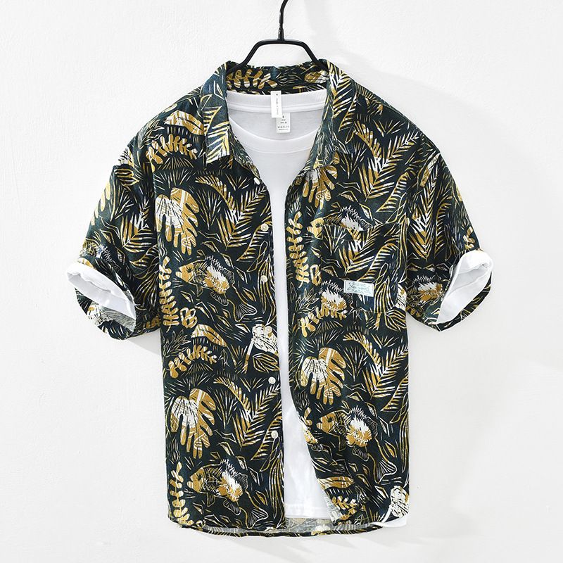 Camicia in lino con stampa fresca e artistica per uomo, estiva, a maniche corte, con scollo quadrato sottile._voghion.com