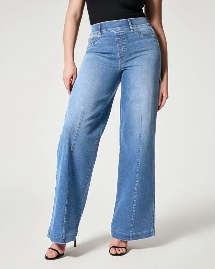 Women's High Waist Stretch Washed Denim Wide Leg Pants - Comfortable Mid Rise Jeans With Elastic Waistband For Casual Wear_voghion.com