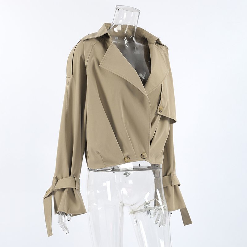 Women's Khaki Double-Breasted Trench Coat With Notched Lapel – Casual Blazer Jacket For Fall, Comfortable & Stylish_voghion.com