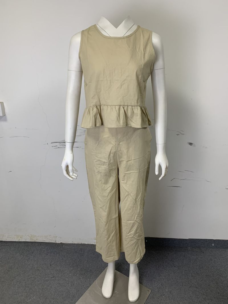 Ärmelloses Rüschenoberteil und weit geschnittene Hose aus Leinen-Baumwolle für Damen – Bohemian-Sommeroutfit_voghion.com