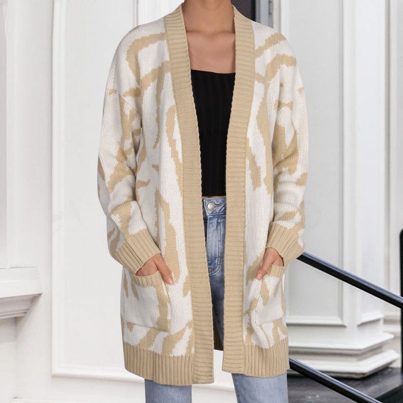 Abbigliamento donna maglione da donna cardigan lavorato a maglia sciolto di media lunghezza con motivo geometrico irregolare_voghion.com