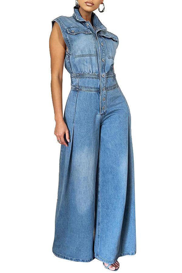 Damenbekleidung Denim-Jumpsuit mit weitem Bein und ärmellosem Design – Bequemer Strampler aus gewaschener Baumwolle für lässige Streetwear (Blau, S/M/L/XL/2XL)_voghion.com
