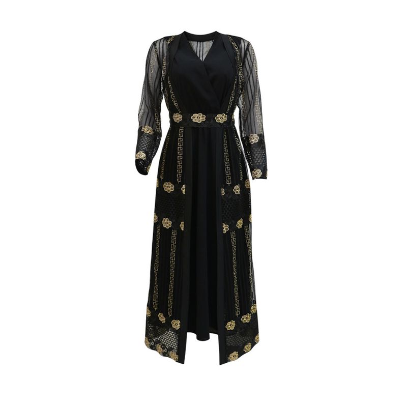 New Muslim Embroidered Mesh Jacket With Chiffon Vest Skirt Suit Kaftan Dress_voghion.com