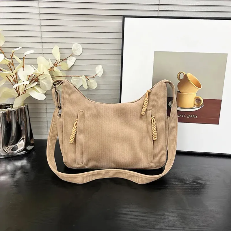 Borsa a tracolla da donna in velluto a coste, grande capacità, tracolla regolabile, borsa a mano, zaino alla moda 241112_voghion.com