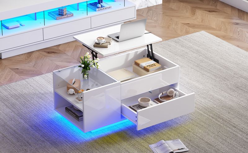Table basse réglable en hauteur 95 x 48 x 42 cm avec rangement dissimulé, éclairage LED, tiroir et prise – Table d'appoint de salon blanche_voghion.com