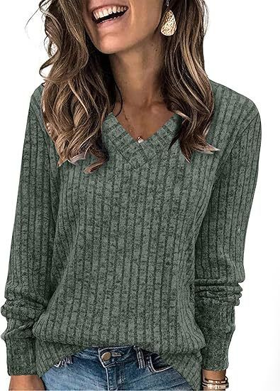 K Women's Long-sleeved V-neck Ribbed Brushed Knitted Top T-shirt_voghion.com